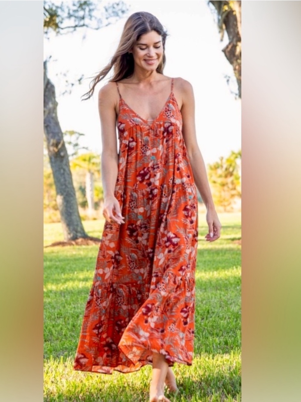 Natural Life Riley Rust Tropical Floral Spaghetti Strap Maxi Sundress XL